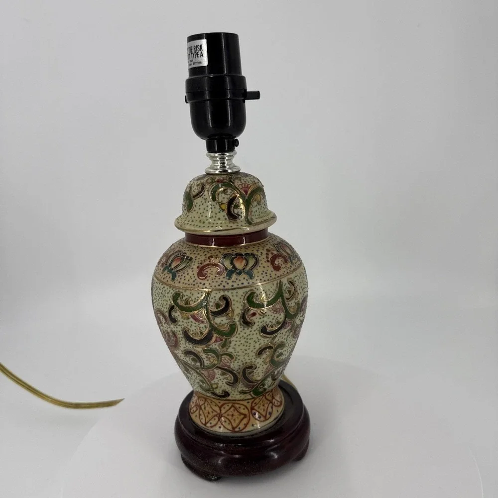 Vtg Asian Satuma Style Ginger Jar‎ Lamp Hand Painted Floral Chinoiserie Enamel
